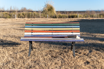 vintage multicolored wooden bench in park, with books.