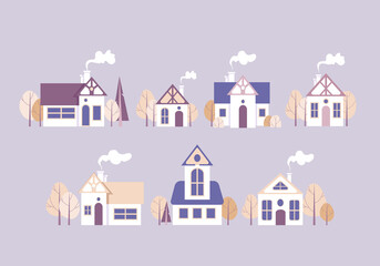 Obraz na płótnie Canvas Set cartoon houses, autumn trees. Vector illustration in delicate pastel colors. Illustration, isolated objects on a purple background. Design elements for topics like property, mortgage, architecture