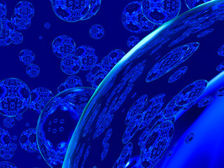 Abstract composition of blue transparent spheres of different sizes. 3d rendering.
