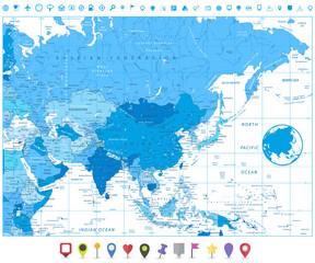 Fototapeta na wymiar Asia political map in colors of blue and map pointers