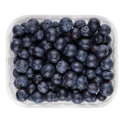 blueberries in plastic box container isolated on white background,top view