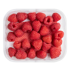 red raspberries  in plastic box container isolated on white background,top view