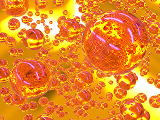 Abstract composition of yellow transparent spheres of different sizes. 3d rendering.