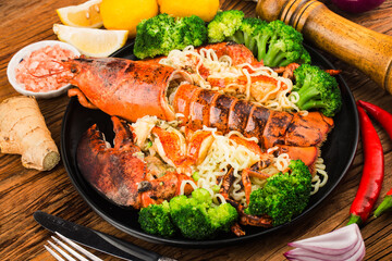 A plate of Boston lobster steamed noodles