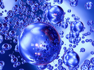 Abstract composition of blue transparent spheres of different sizes. 3d rendering.