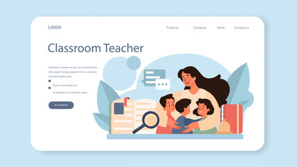 Teacher web banner or landing page. Profesor standing