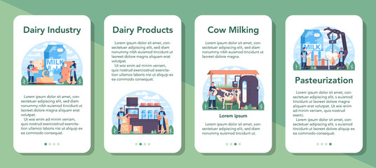 Dairy production industry mobile application banner set. Dairy natural