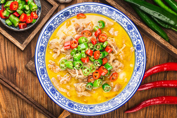 A delicious Chinese Cantonese dish with beef in golden soup