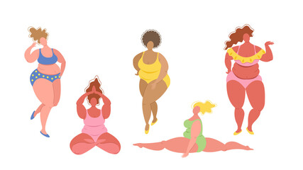 Plus size women in swimwear set isolated on white background in flat style. Body positive concept, love your body. Vector stock illustration. 