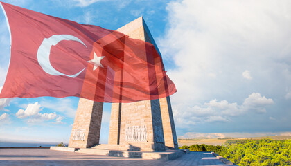 Canakkale Martyrs' Memorial on the foreground Turkish flag - Canakkale, Turkey