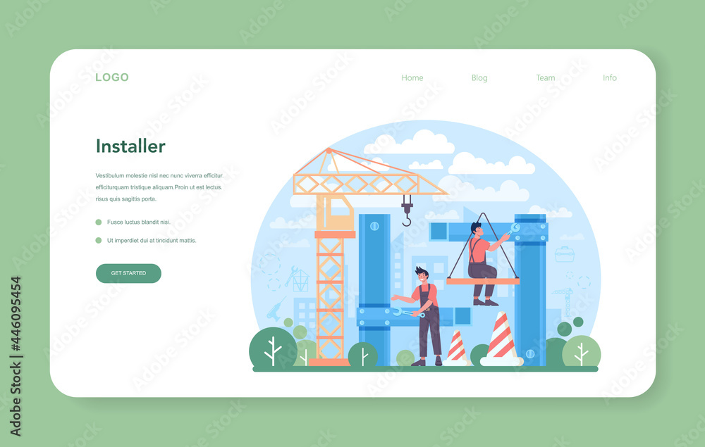 Aufkleber installer web banner or landing page. worker in uniform installing