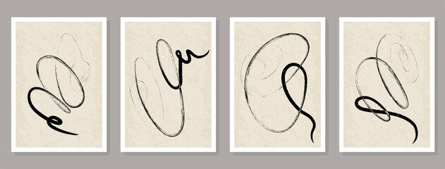 Vector set of modern abstract prints in nude colors with black. Brush stroke on neutral beige texture in mat. Contemporary minimalist design for interior decor, cover, wallpaper, poster, wall art