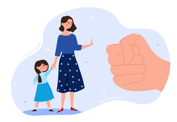 Domestic violence concept. The mother protects the child from being hit by a fist. Physical abuse by her husband. A social problem. Cartoon flat vector illustration isolated on a white background