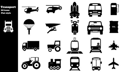 Transport routier, aérien, spatial en 20 icônes, collection