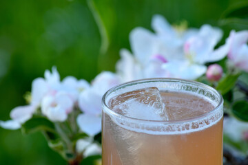 Vodka based cocktail with white Apple blossom background