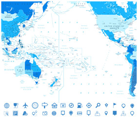 Pacific Ocean Blue Map and Navigation Map Icons