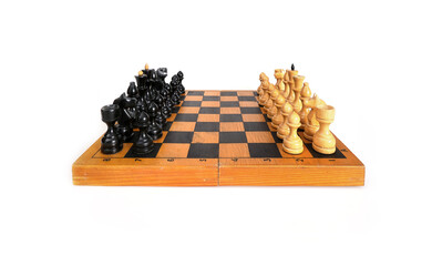 Chess on a wooden board isolated on a white background