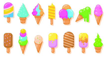 Set Abstract Collection Flat Cartoon  Different Color Ice Cream Sweet Food Concept Vector Design Style Elements With Shadows Taste Delicious