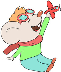 a little mouse is playing with a toy airplane vector