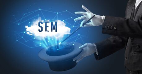 Magician or illusionist is showing magic trick