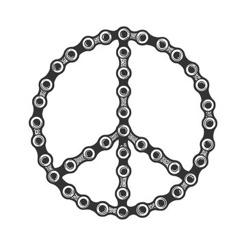Peace symbol made with motorcycle bike chain line art sketch engraving vector illustration. T-shirt apparel print design. Scratch board imitation. Black and white hand drawn image.