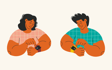 Characters use smartwatch and fitness bracelets. Man and woman looking at wristwatch. Elements for design. Vector illustration.