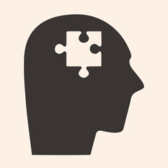 Psychological help. Human head with a puzzle piece inside. Vector flat isolated illustration.