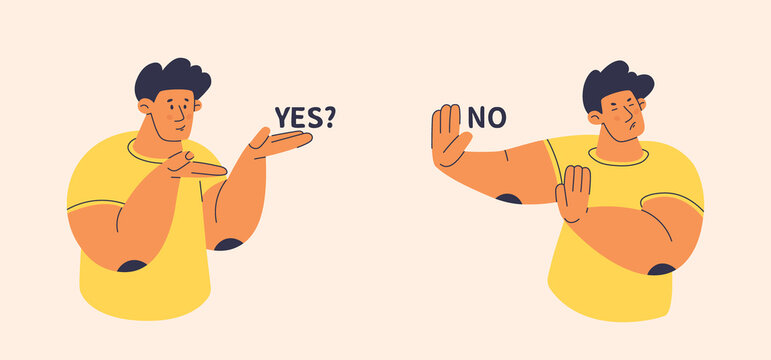 Two persons show offer and rejection. Man does not agree to proposal of other. Refusal or stop for any offer. Isolated flat vector illustration.