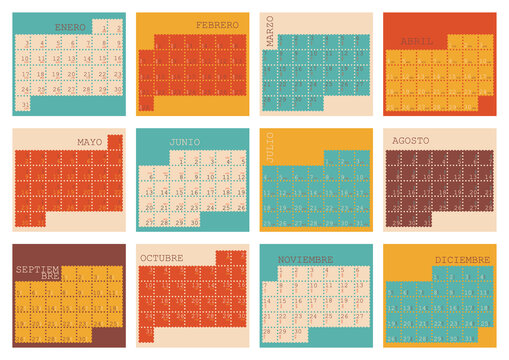 Spanish calendar planner for 2022, week starts on Monday. Set of 12 months January - December. Multicolor flat vector illustration.