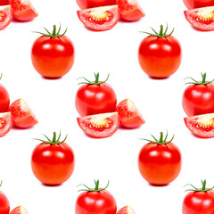 Red tomato slices repeat seamless pattern on light background.