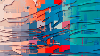 Abstract paper cut backdrop, brush strokes and pixel art pattern background. Random colorful mosaic, decor © Boutique canvas