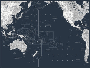 Pacific Ocean Physical Map White and Grey On Black