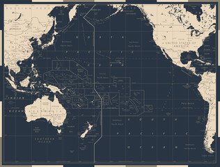 Pacific Ocean Political Map Old Vintage Color