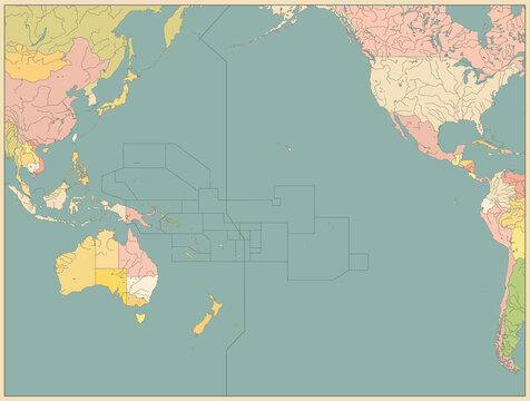 Pacific Ocean Political Map Vinatge Color. No text