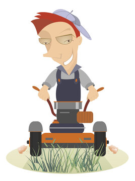 recommend clip art: Cartoon lawnmower illustration. Comic smiling lawnmower mows the lawn isolated on white
                    