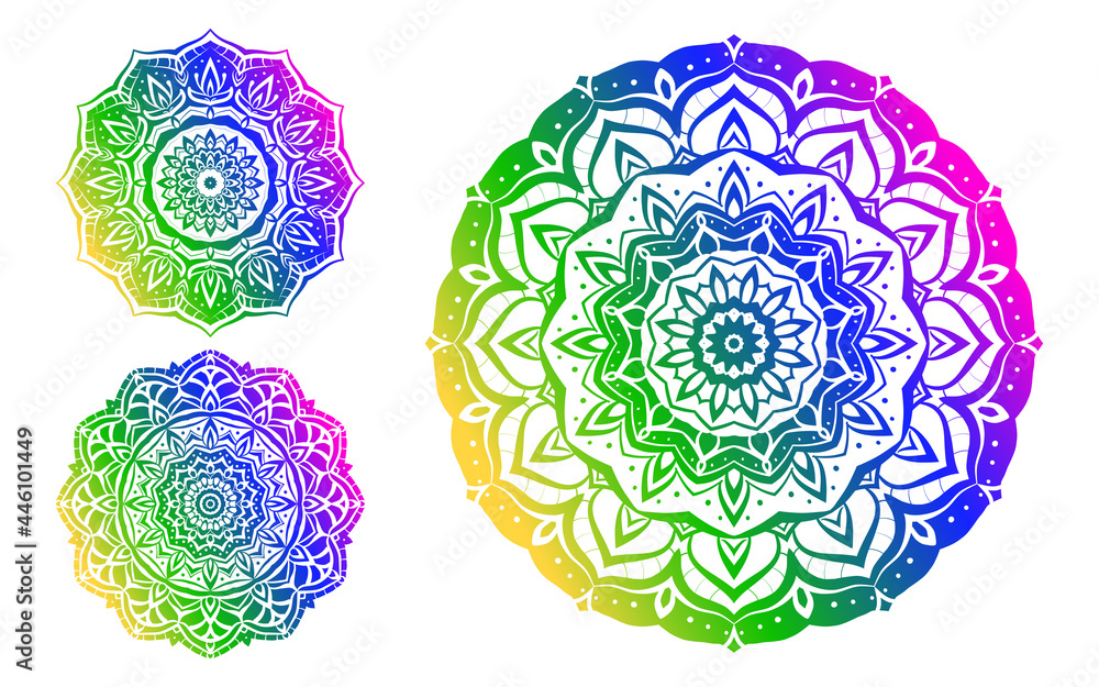 Aufkleber set of abstract mandala gradient rainbow color style round trippy vector design