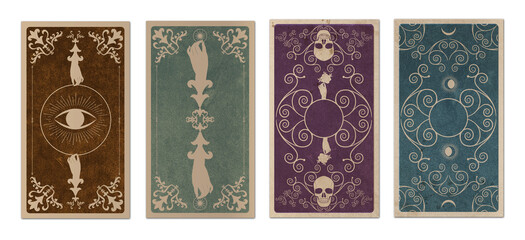 Back of Tarot card or playing card with floral ornamental elements and esoteric symbols on old paper. Victorian vintage style. Isolated on white background - obrazy, fototapety, plakaty