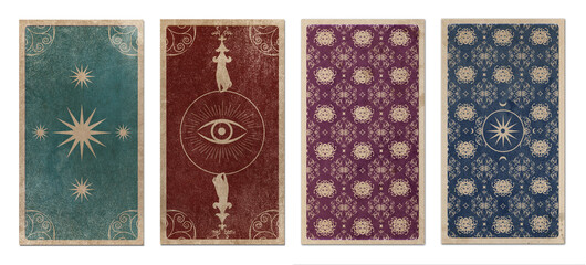 Back of Tarot card or playing card with floral ornamental elements and esoteric symbols on old paper. Victorian vintage style. Isolated on white background - obrazy, fototapety, plakaty