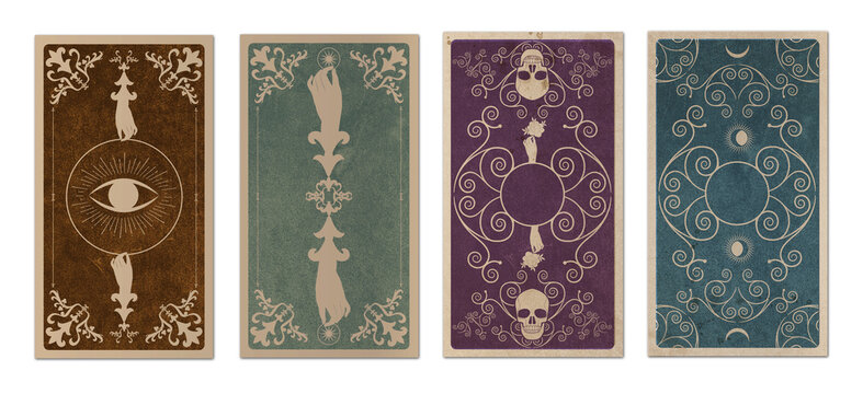 Back of Tarot card or playing card with floral ornamental elements and esoteric symbols on old paper. Victorian vintage style. Isolated on white background