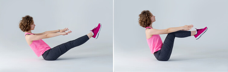 Two photos, a young woman shows the performance of fitness exercises to strengthen the press with raising the legs.