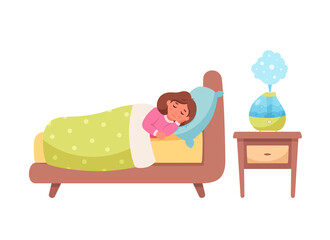 Little girl sleeping with air humidifier in room. Healthy sleep. Vector illustration