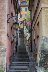 Stairs on a Stone Steps Street located in the Old Town of Warsaw capital city, Poland