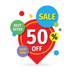 Sale banner design. Discount up to 50% off. Special offer. Abstract advertising promotion banner on white background. Clearance tag badge sticker. Vector illustration. 