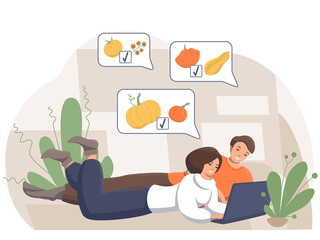 Young smiling man and woman in a cozy home environment order fresh vegetables home delivery. Online farm shop, vegetarian products, home delivery.