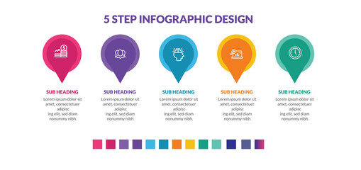 5 step infographic design with round and triangle pointing shape, flat 5 step or option infographics