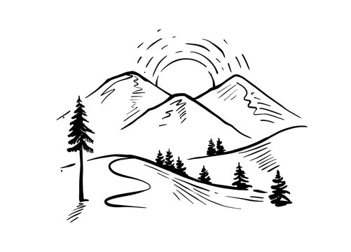 Hand drawn landscape with mountains vector. Rocky peaks with trees