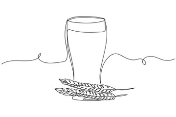 Continuous one line of glass of fresh beer  with ears of barley in silhouette on a white background. Linear stylized.Minimalist.