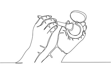Continuous one line of hand holding brush with cheek cosmetics in silhouette on a white background. Linear stylized.Minimalist.