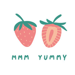 Strawberry and lettering in Scandinavian style. Cute vector illustration. Perfect baby design for birthday invitation, baby shower, posters, clothing, nursery wall art and postcard.