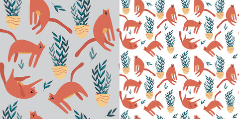 Trendy Scandinavian seamless pattern with cute funny cats and house plants on white or grey background. Vector illustration - perfect for textiles, packaging, print, cards